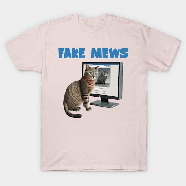 Cat looking at Catbook says fake mews funny T-Shirt by Antzyzzz